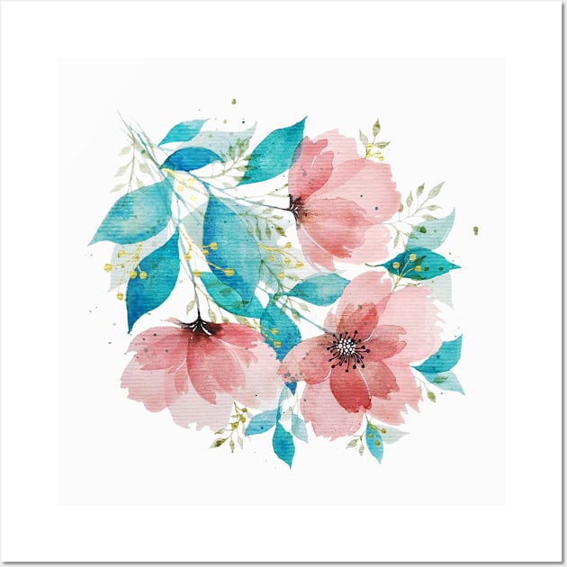 Watercolor Pink and Turquoise Botanical Arrangement 4 Wall Art by Jessfm